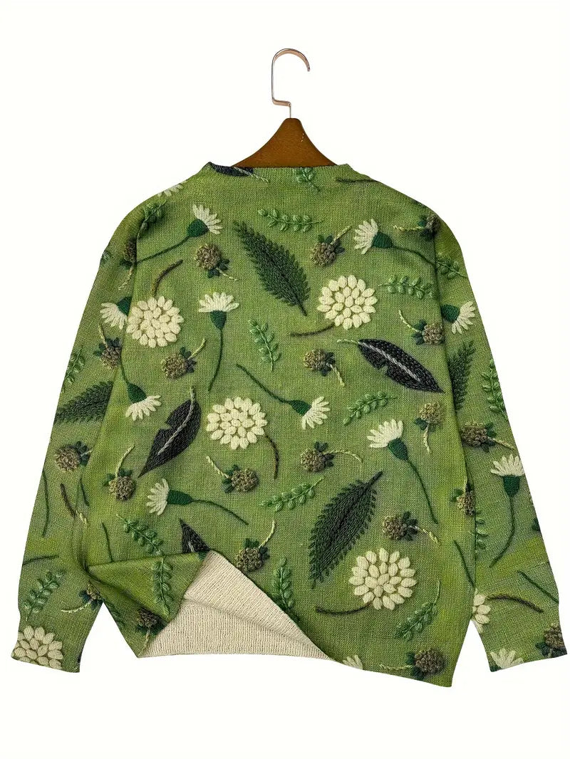 Casual Crew Neck Long Sleeve Sweater, Women's Clothing Dandelion Print