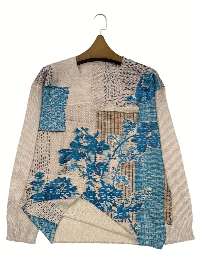 Casual Crew Neck Long Sleeve Sweater, Women's Clothing Floral & Bird