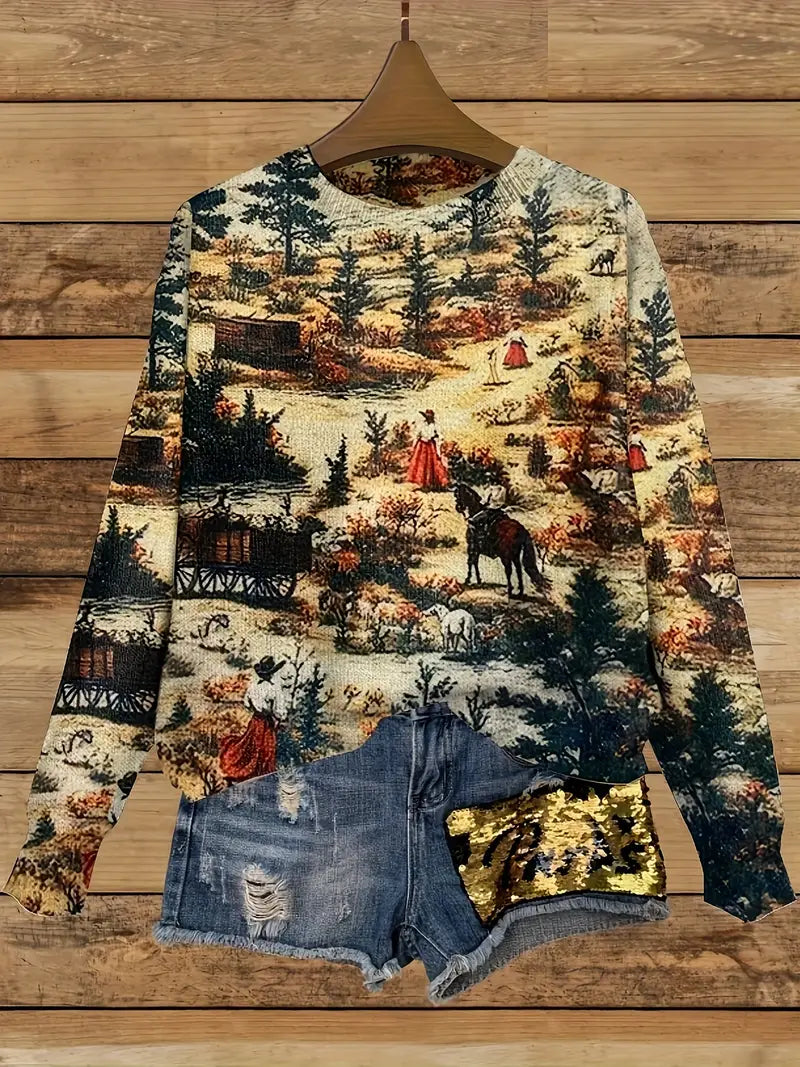 Casual Crew Neck Long Sleeve Sweater, Women's Clothing Vintage Autumn Forest