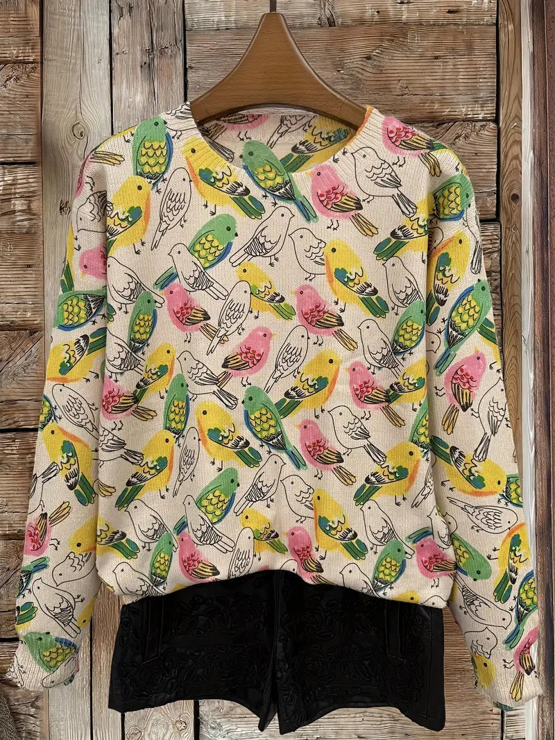 Casual Crew Neck Long Sleeve Sweater, Women's Clothing Parrot & Palm Tree