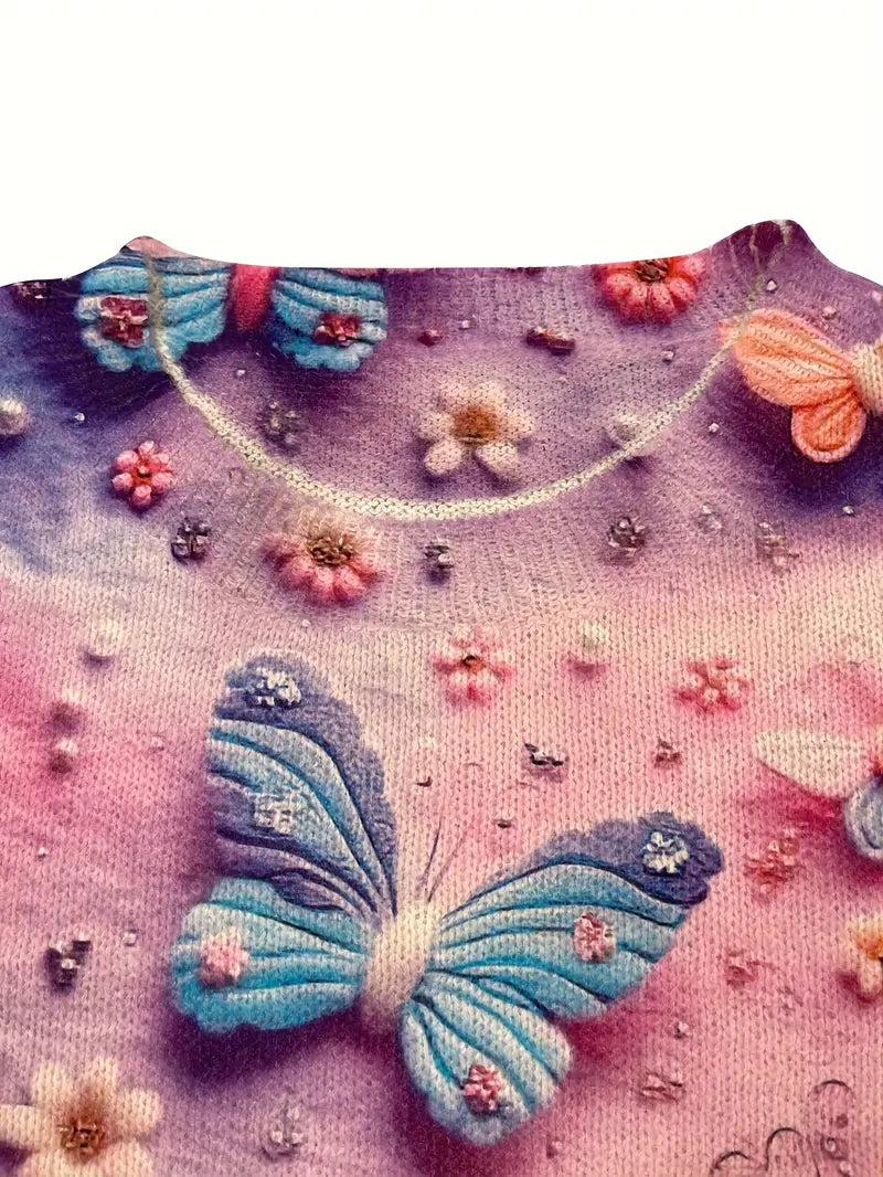 Casual Crew Neck Long Sleeve Sweater, Women's Clothing Shiny Butterfly