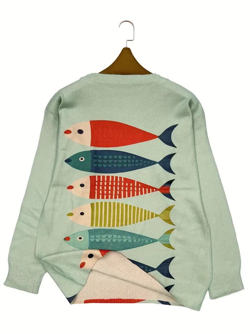 Casual Crew Neck Long Sleeve Sweater, Women's Clothing Fish Pattern