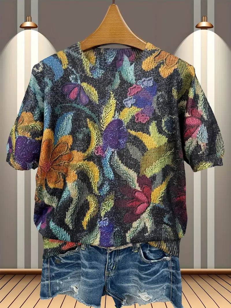 Casual Crew Neck Long Sleeve Sweater, Women's Clothing Abstract Colorful