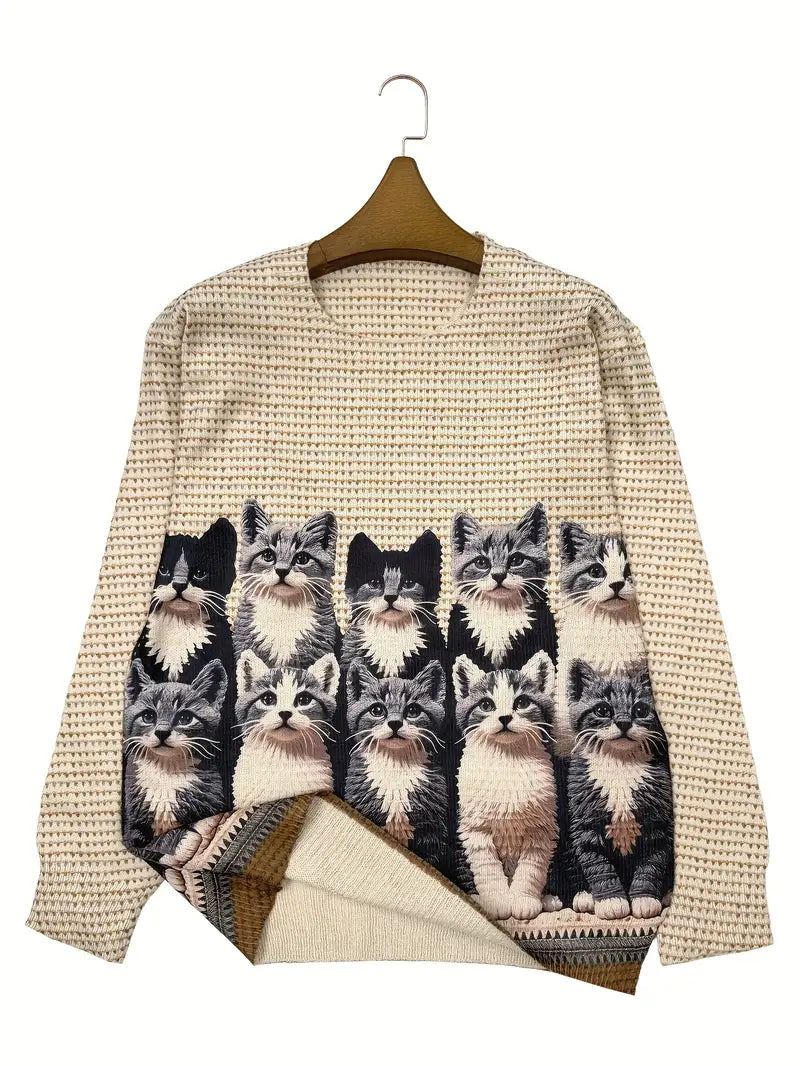 Casual Crew Neck Long Sleeve Sweater, Women's Clothing Realistic Cat Print
