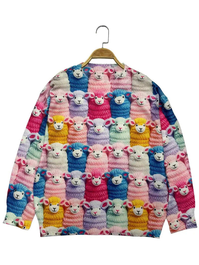 Casual Crew Neck Long Sleeve Sweater, Women's Clothing Sheep Print