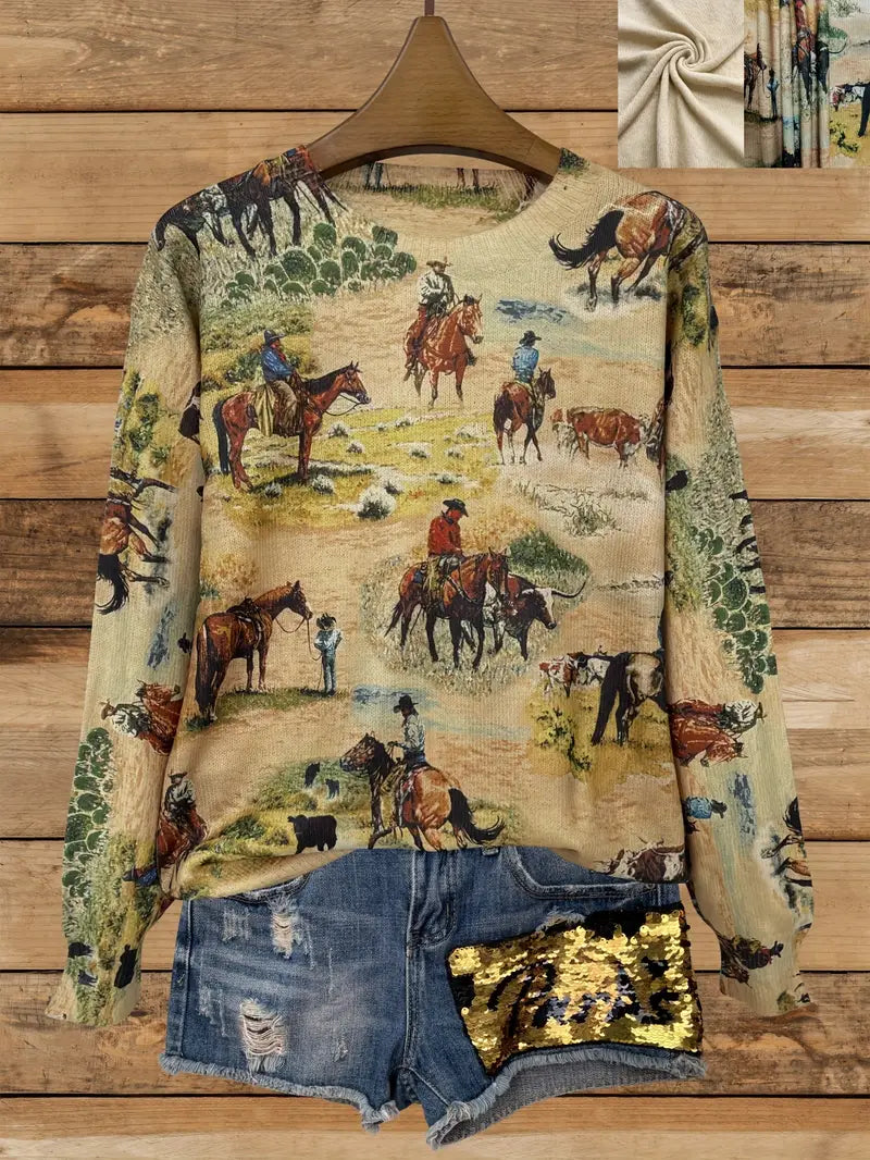 Casual Crew Neck Long Sleeve Sweater, Women's Clothing Western Cowboy