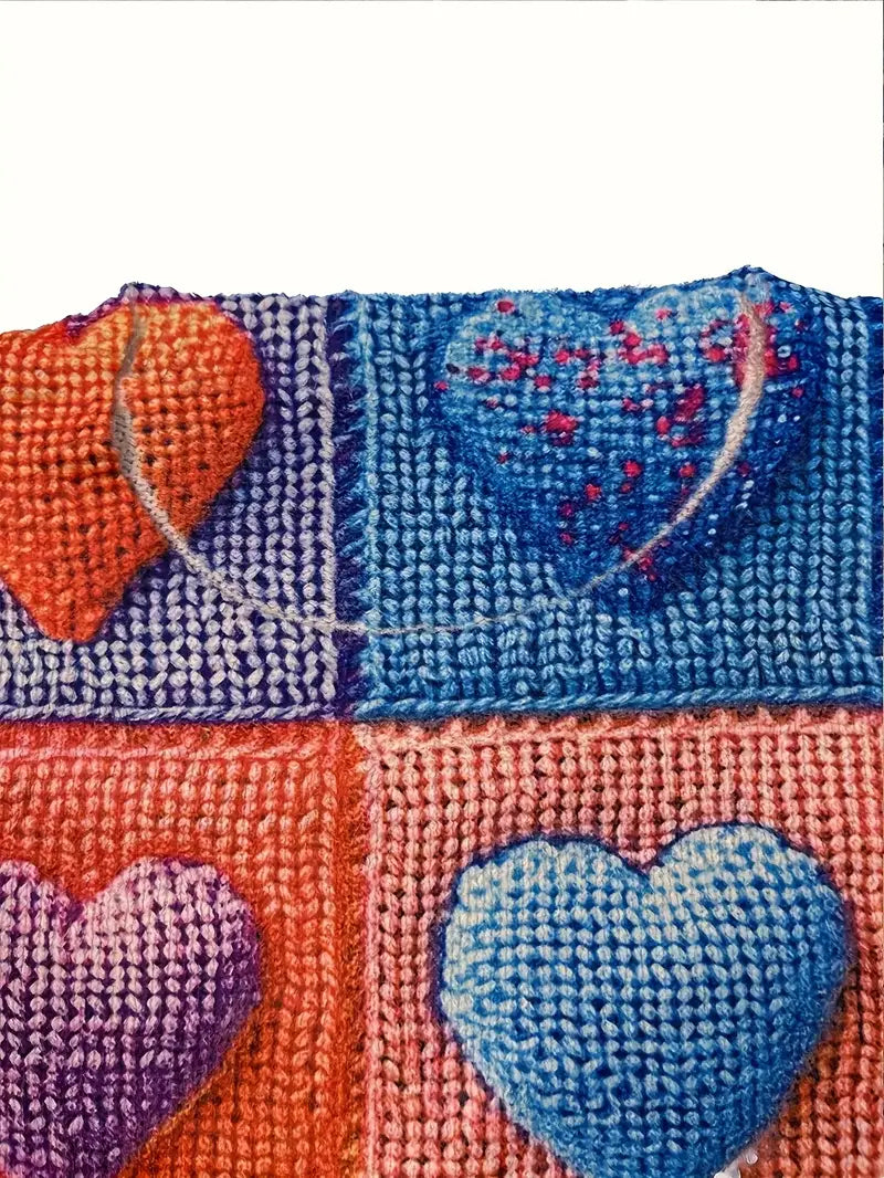 Casual Crew Neck Long Sleeve Sweater, Women's Clothing Multicolor Heart