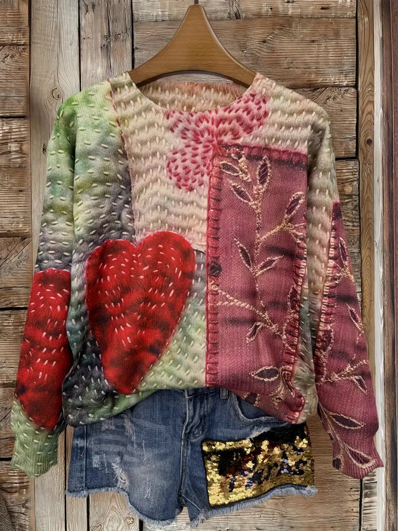 Casual Crew Neck Long Sleeve Sweater, Women's Clothing Heart & Floral Patchwork