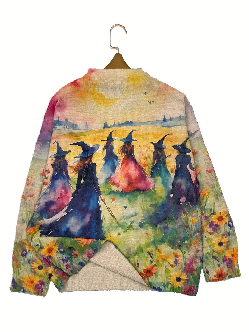 Casual Crew Neck Long Sleeve Sweater, Women's Clothing Halloween Witches