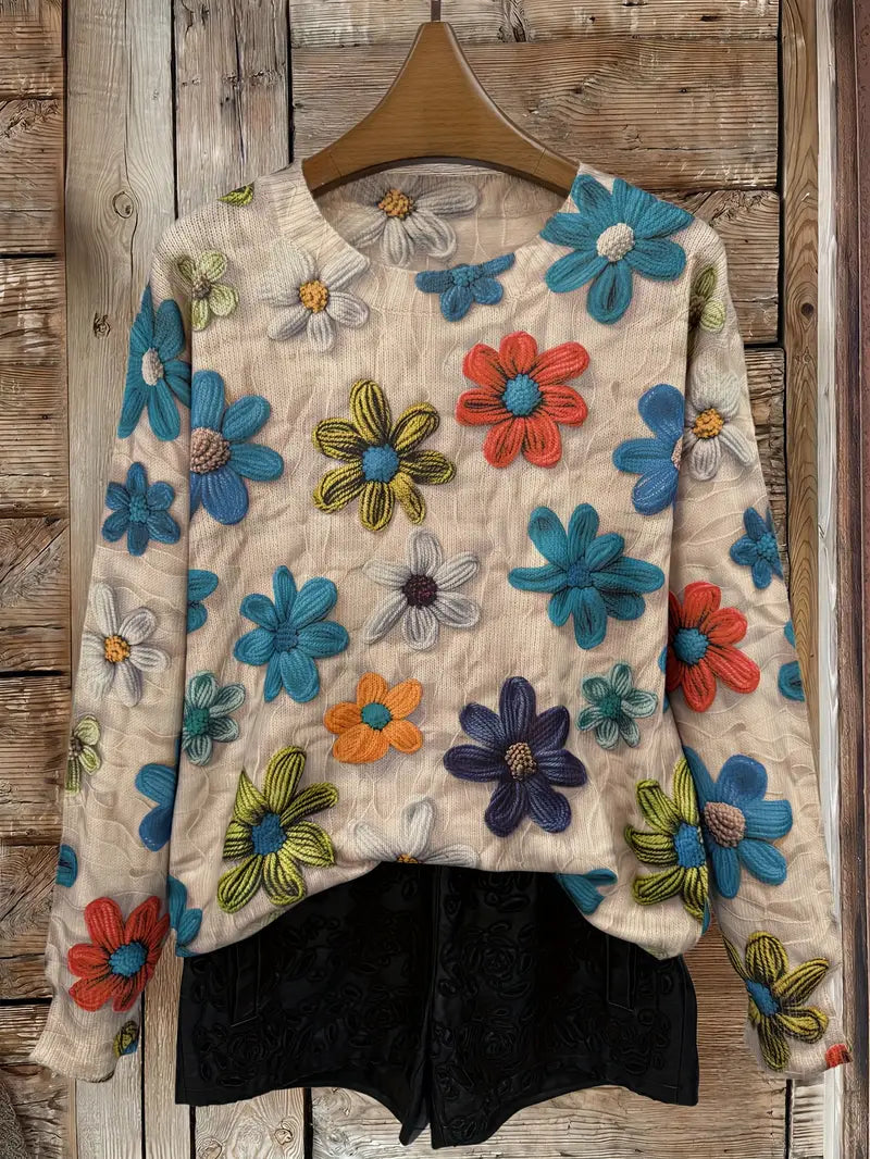 Casual Crew Neck Long Sleeve Sweater, Women's Clothing Raven and Flower