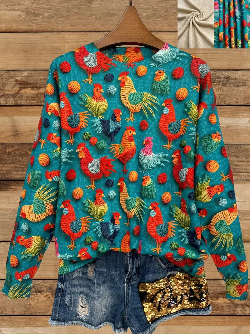 Casual Crew Neck Long Sleeve Sweater, Women's Clothing Chicken Print