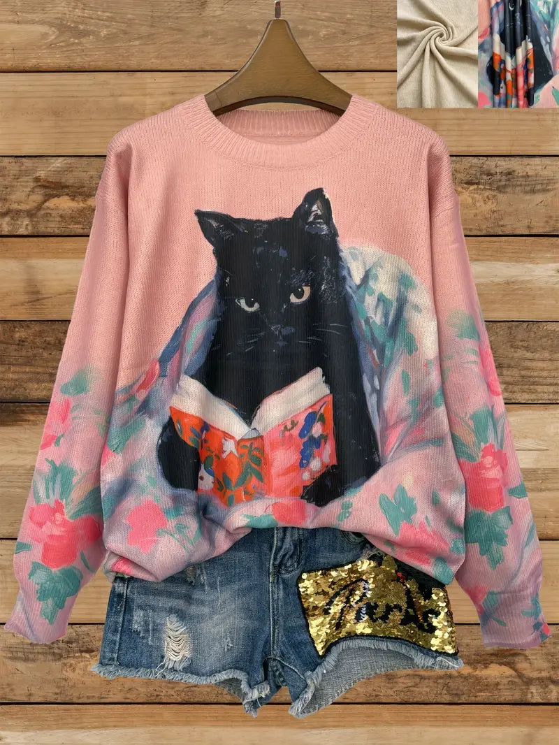 Casual Crew Neck Long Sleeve Sweater, Women's Clothing Black cat