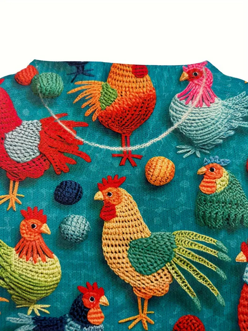Casual Crew Neck Long Sleeve Sweater, Women's Clothing Chicken Print