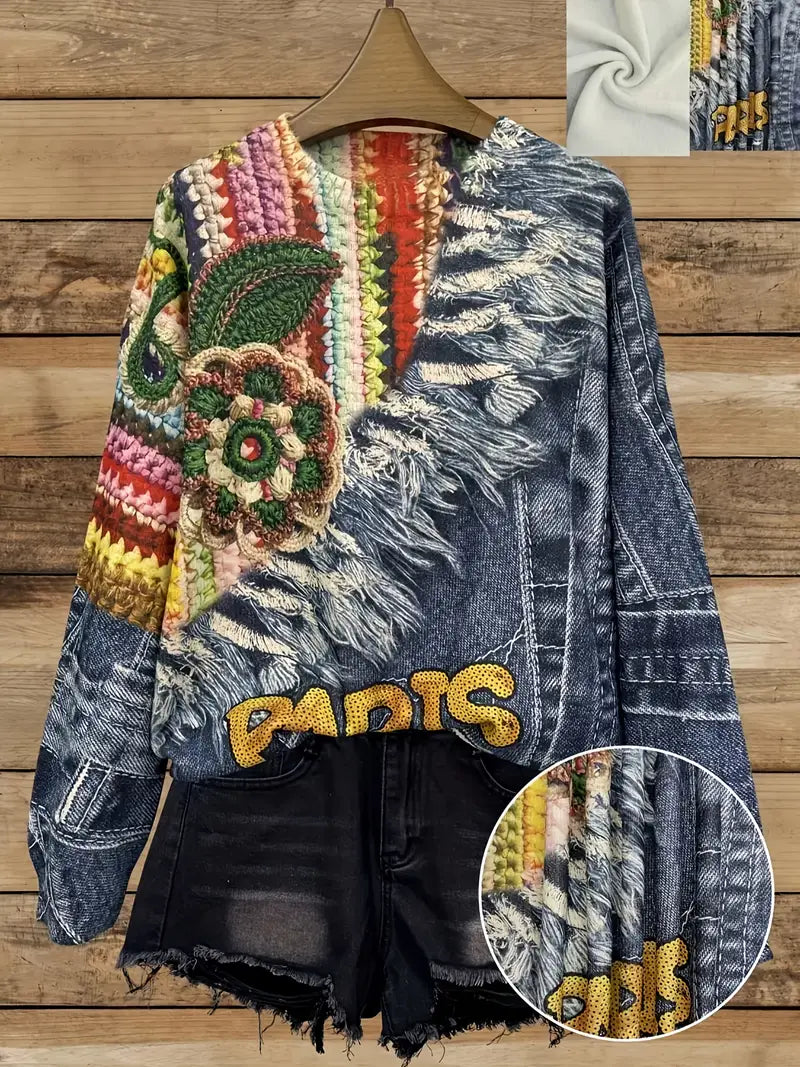 Casual Crew Neck Long Sleeve Sweater, Women's Clothing Floral & Geometric