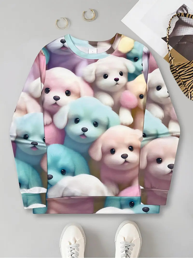 Casual Crew Neck Long Sleeve Sweater, Women's Clothing Dog Design
