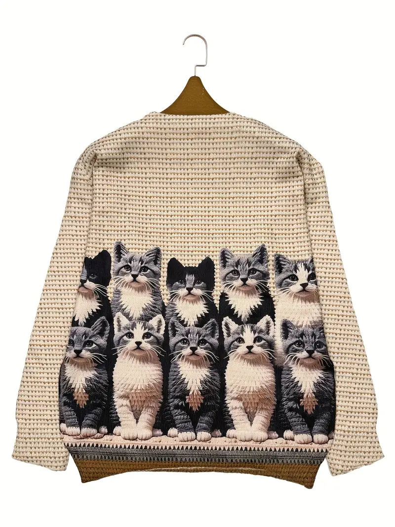 Casual Crew Neck Long Sleeve Sweater, Women's Clothing Realistic Cat Print