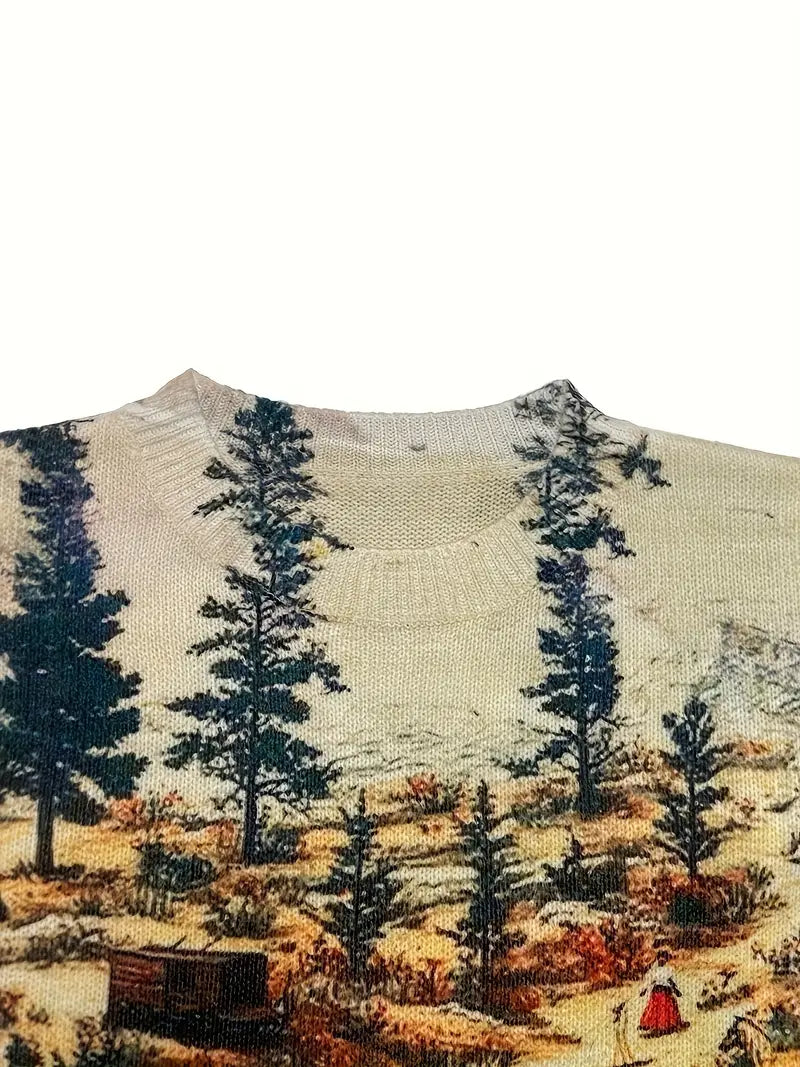 Casual Crew Neck Long Sleeve Sweater, Women's Clothing Vintage Autumn Forest