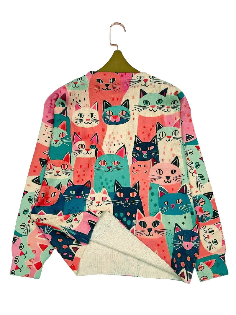 Casual Crew Neck Long Sleeve Sweater, Women's Clothing Effect Cat Print