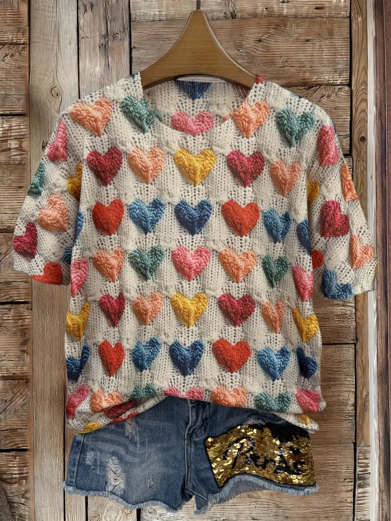 Casual Crew Neck Long Sleeve Sweater, Women's Clothing Multicolor Heart