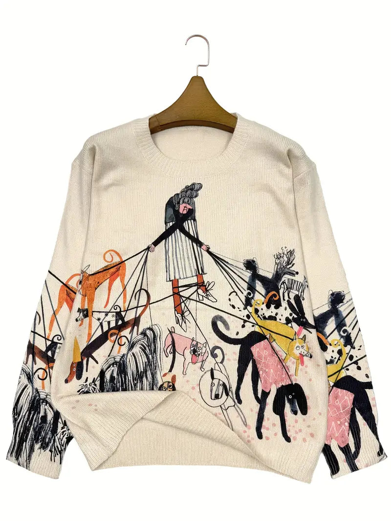 Casual Crew Neck Long Sleeve Sweater, Women's Clothing Old for Man takes a walk