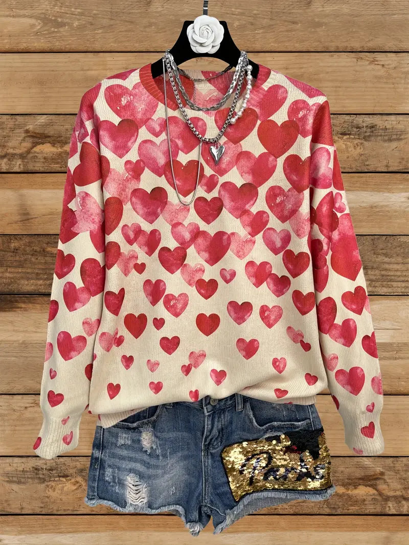 Casual Crew Neck Long Sleeve Sweater, Women's Clothing Beige & Red Heart