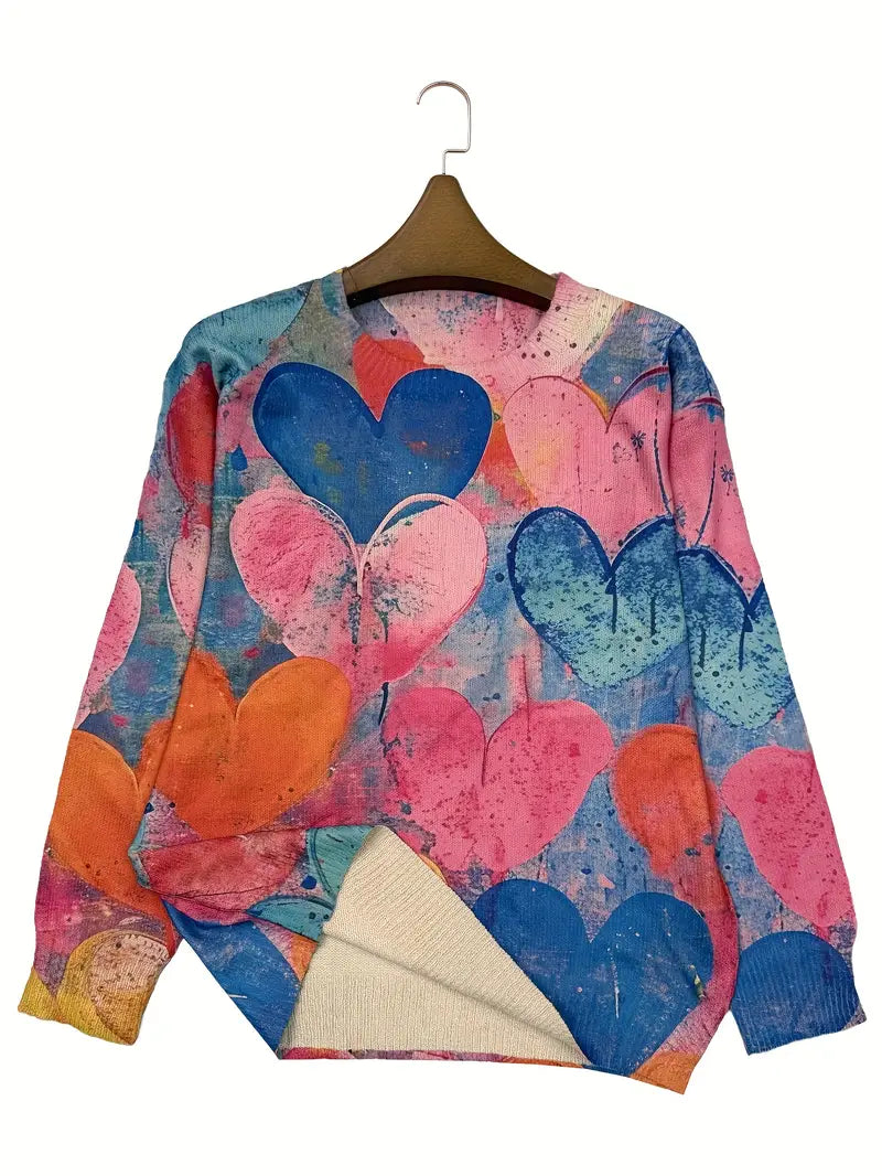 Casual Crew Neck Long Sleeve Sweater, Women's Clothing Gothic Raven & Multicolor Heart