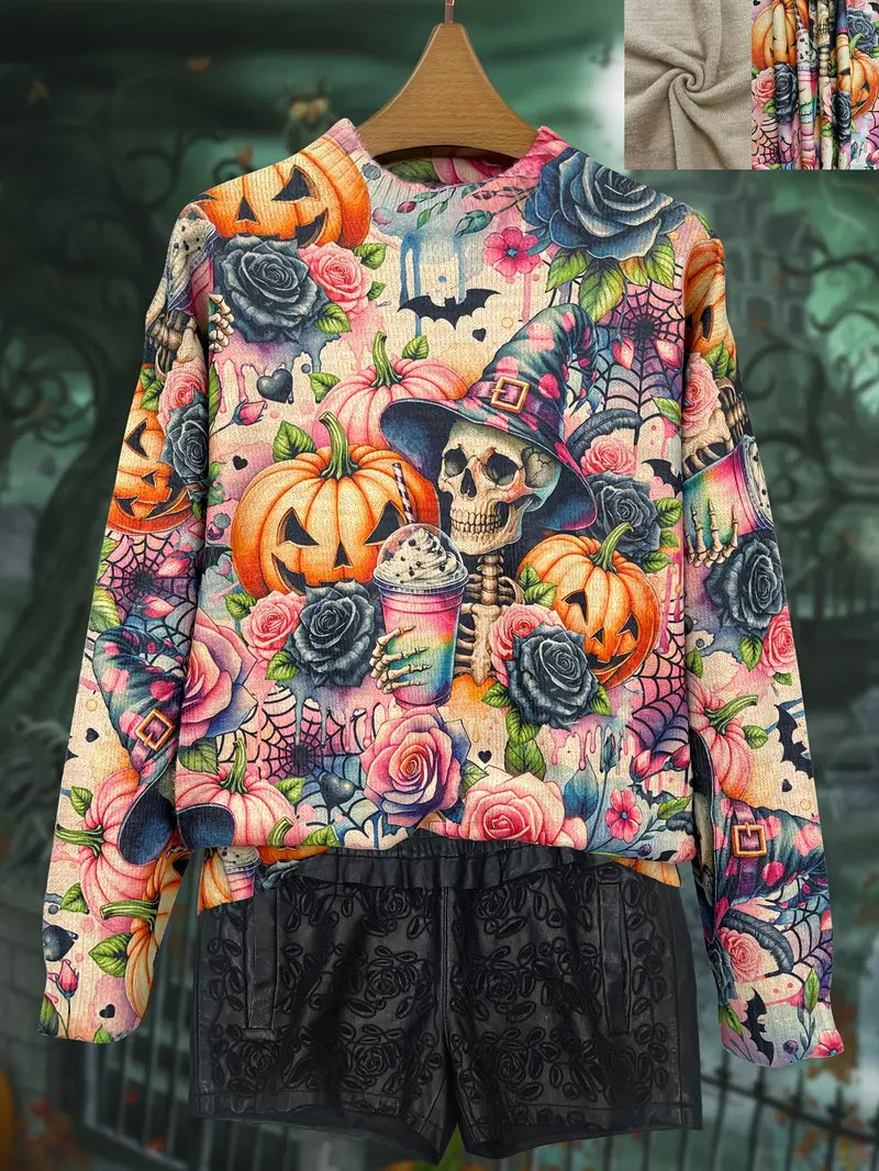 Casual Crew Neck Long Sleeve Sweater, Women's Clothing 3D Halloween