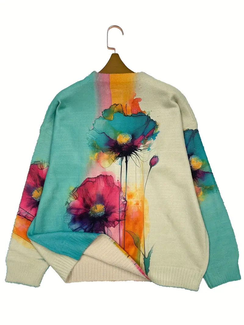 Casual Crew Neck Long Sleeve Sweater, Women's Clothing All-Over Floral Print