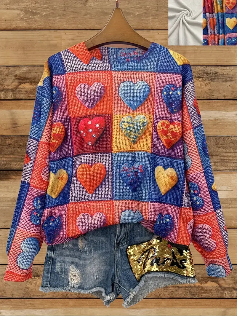 Casual Crew Neck Long Sleeve Sweater, Women's Clothing Multicolor Heart