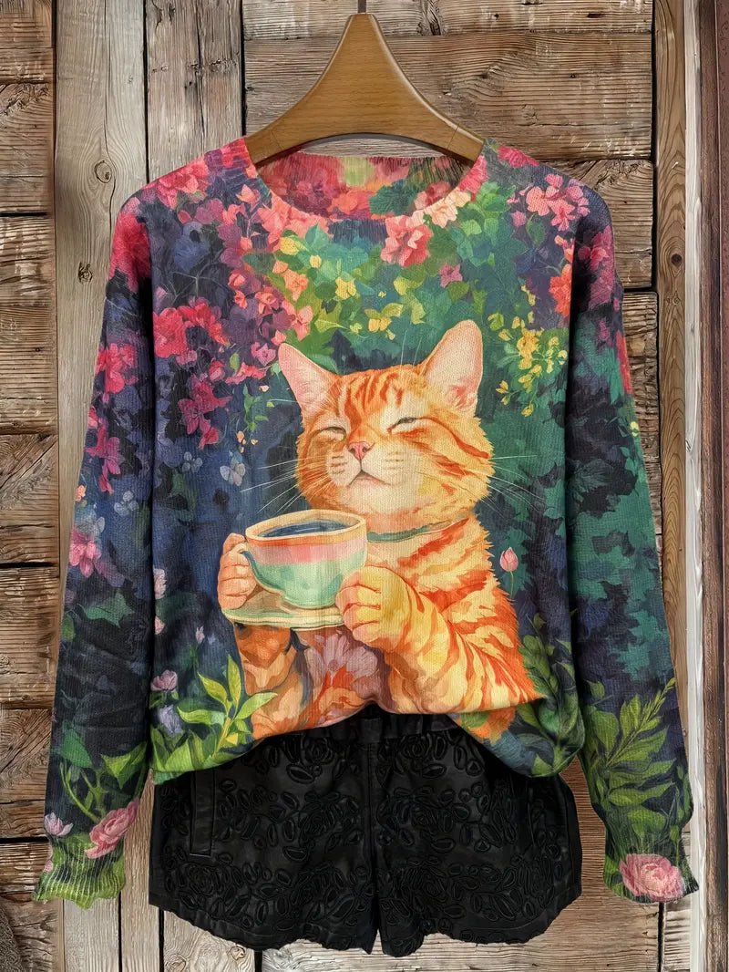 Casual Crew Neck Long Sleeve Sweater, Women's Clothing Maneki-Neko Lucky Cat