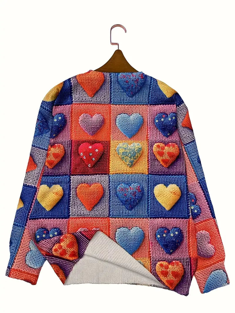 Casual Crew Neck Long Sleeve Sweater, Women's Clothing Multicolor Heart