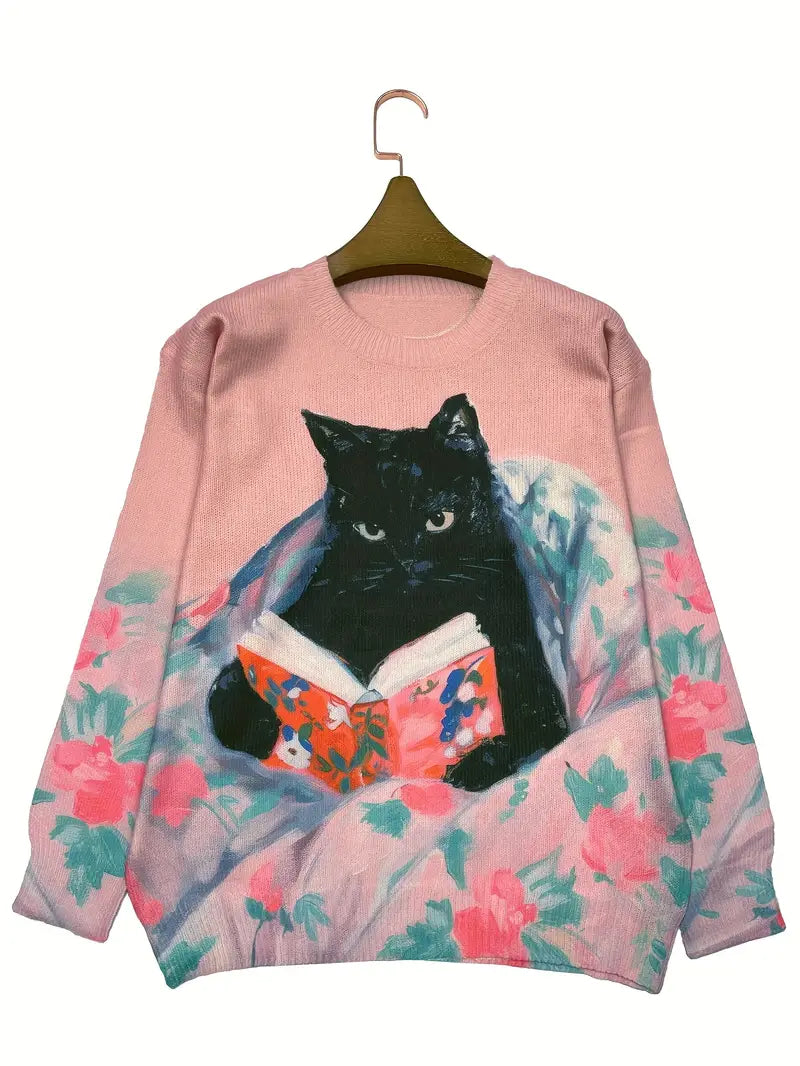 Casual Crew Neck Long Sleeve Sweater, Women's Clothing Black cat