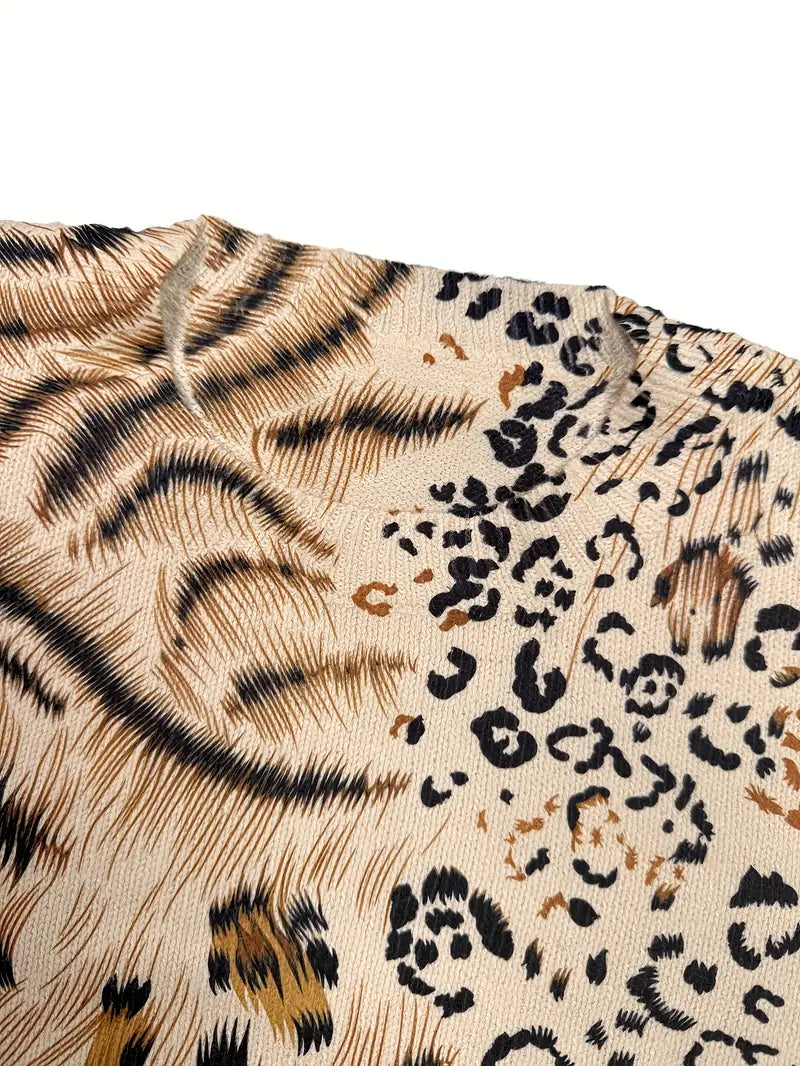 Casual Crew Neck Long Sleeve Sweater, Women's Clothing Animal Pattern