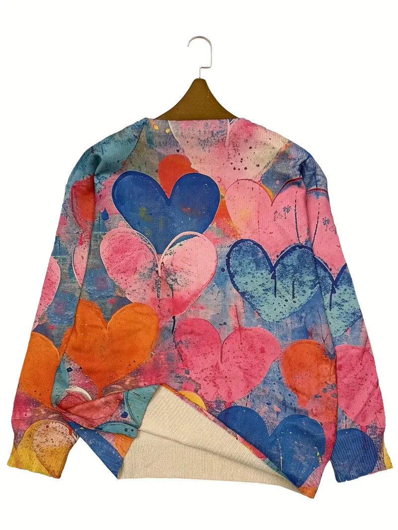 Casual Crew Neck Long Sleeve Sweater, Women's Clothing Gothic Raven & Multicolor Heart
