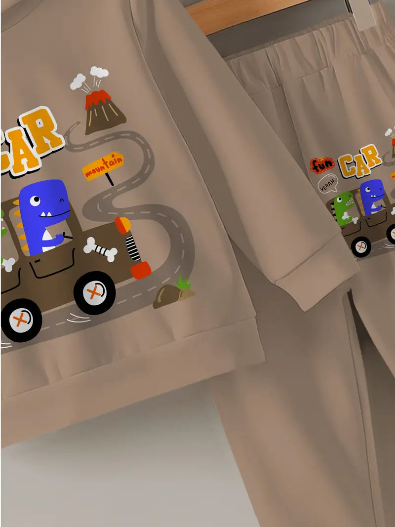 Baby Boys & Girls Hoodie Set cartoon car and dinosaur