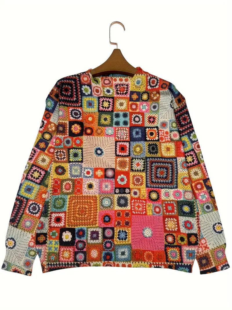 Casual Crew Neck Long Sleeve Sweater, Women's Clothing Rectangle Pattern