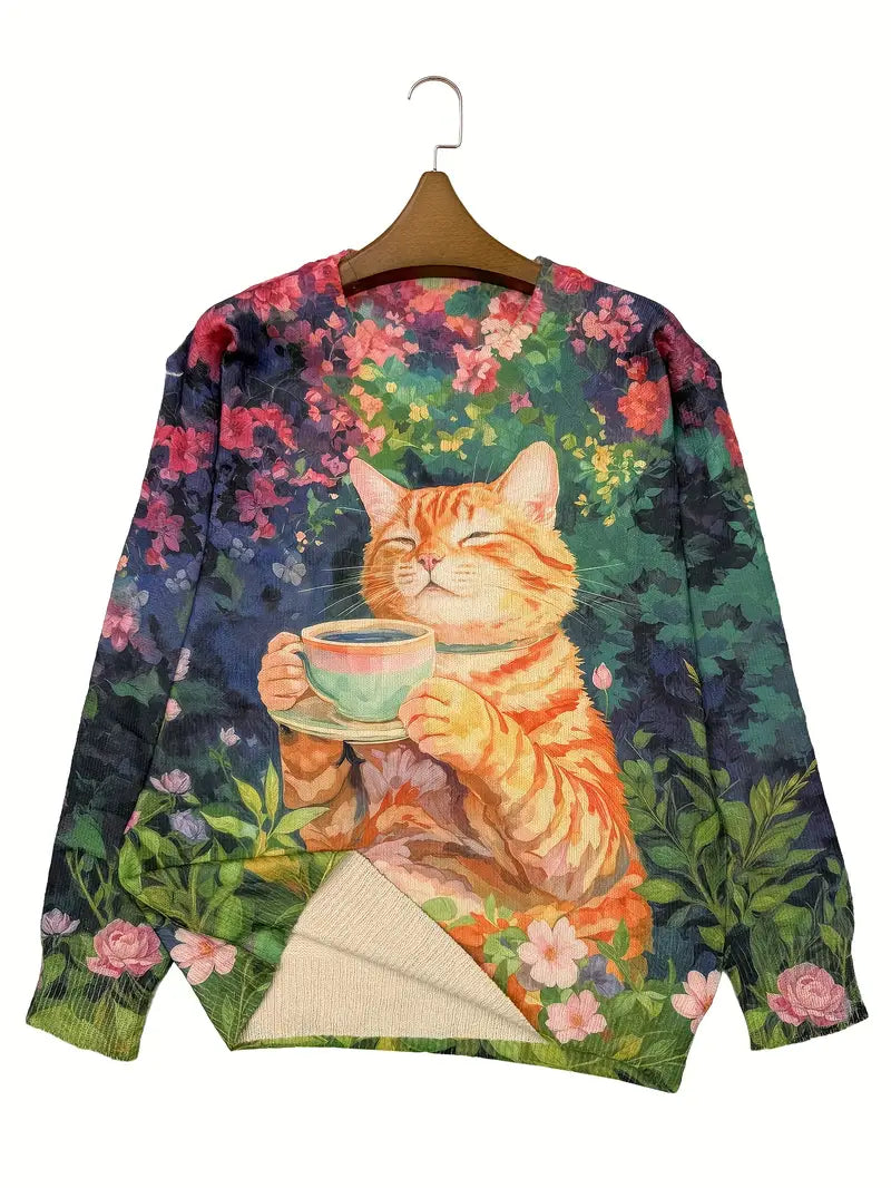 Casual Crew Neck Long Sleeve Sweater, Women's Clothing Maneki-Neko Lucky Cat