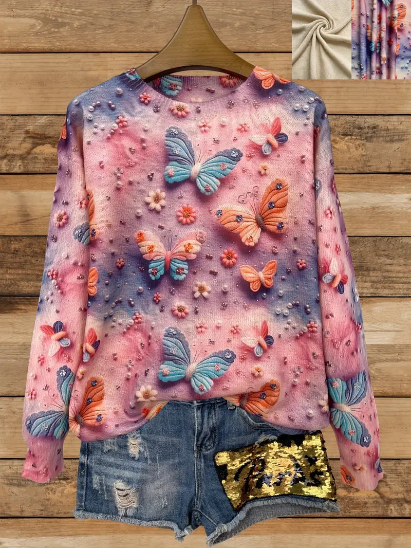 Casual Crew Neck Long Sleeve Sweater, Women's Clothing Shiny Butterfly