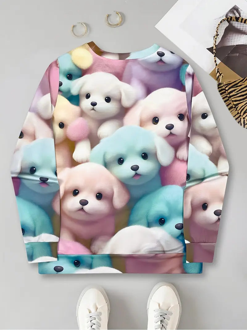 Casual Crew Neck Long Sleeve Sweater, Women's Clothing Dog Design