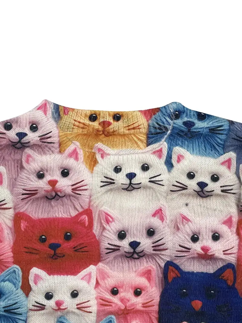 Casual Crew Neck Long Sleeve Sweater, Women's Clothing Colorful Cat