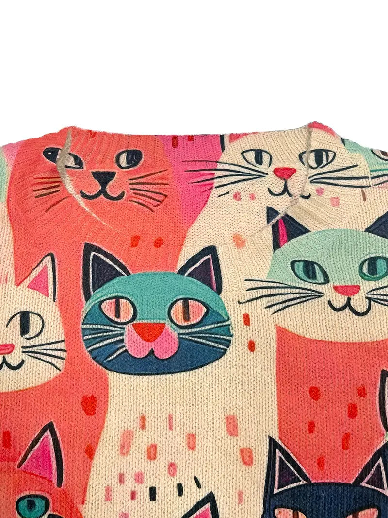 Casual Crew Neck Long Sleeve Sweater, Women's Clothing Effect Cat Print