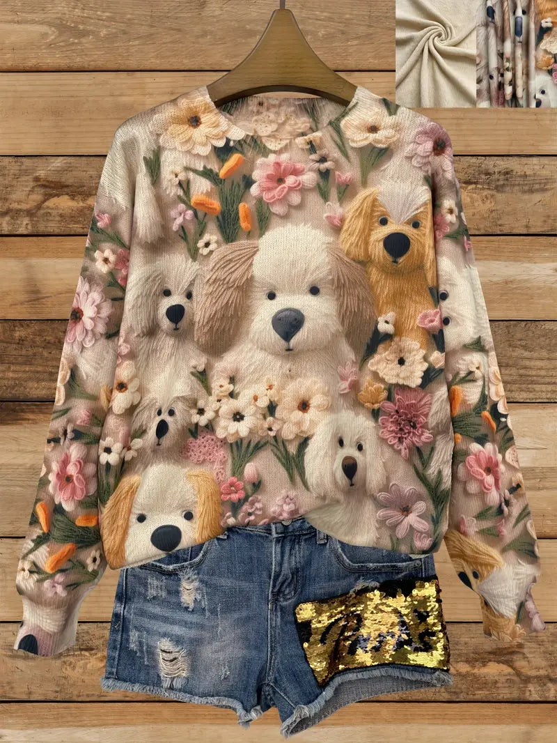 Casual Crew Neck Long Sleeve Sweater, Women's Clothing Puppy Print