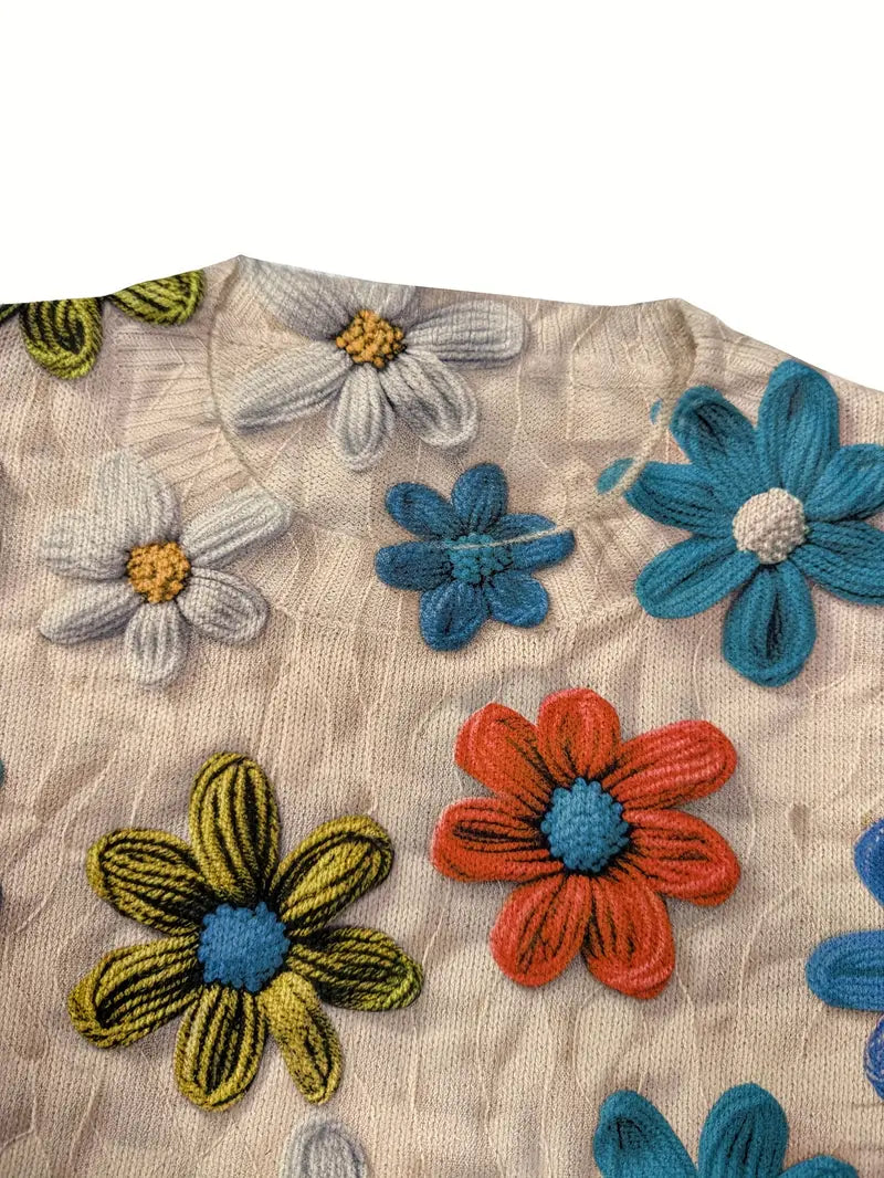 Casual Crew Neck Long Sleeve Sweater, Women's Clothing Raven and Flower