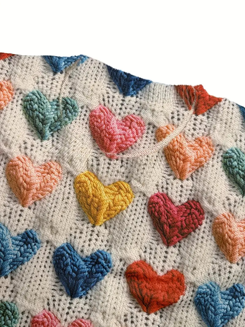 Casual Crew Neck Long Sleeve Sweater, Women's Clothing Multicolor Heart