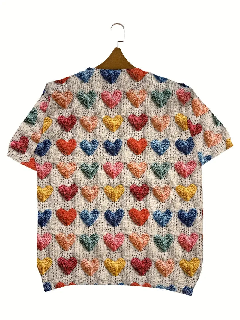 Casual Crew Neck Long Sleeve Sweater, Women's Clothing Multicolor Heart