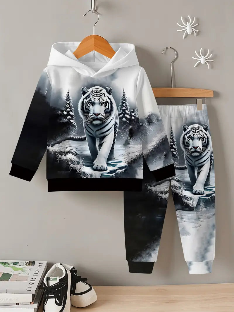 Baby Boys & Girls Hoodie Set White Tiger Print