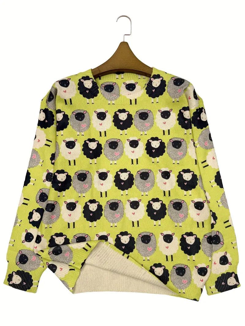Casual Crew Neck Long Sleeve Sweater, Women's Clothing Sheep Print