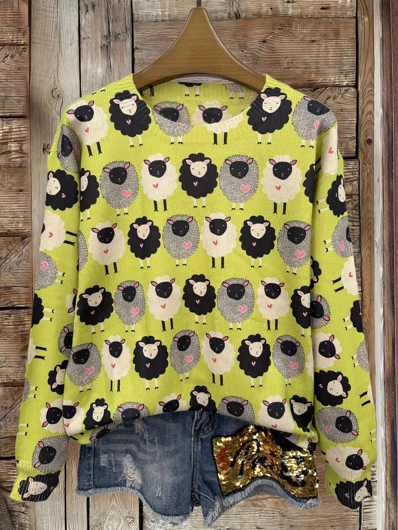 Casual Crew Neck Long Sleeve Sweater, Women's Clothing Sheep Print