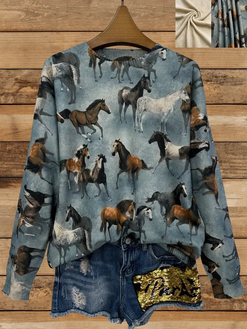Casual Crew Neck Long Sleeve Sweater, Women's Clothing Horse Herd Print