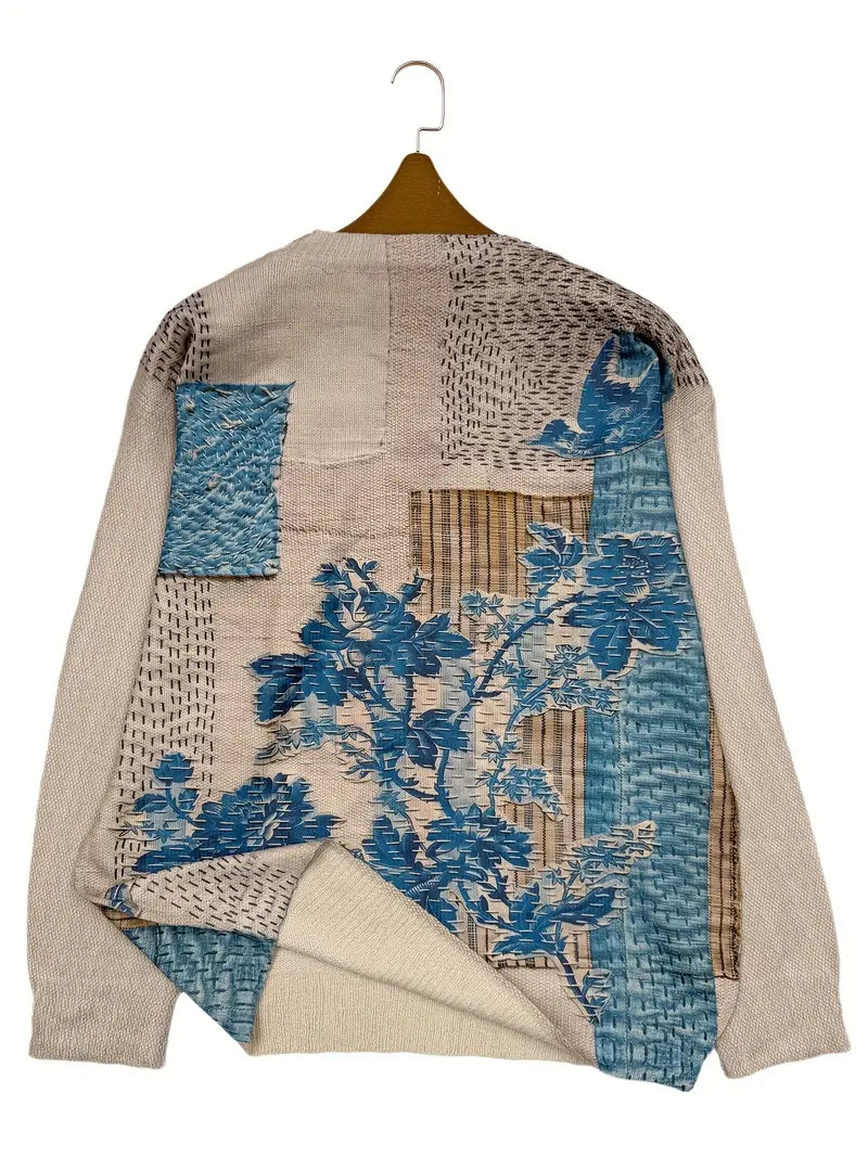 Casual Crew Neck Long Sleeve Sweater, Women's Clothing Floral & Bird